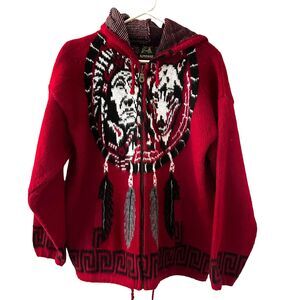 Ruminahui Red, White & Black Wolf & Native American Wool Zip Hooded Sweater M‎
